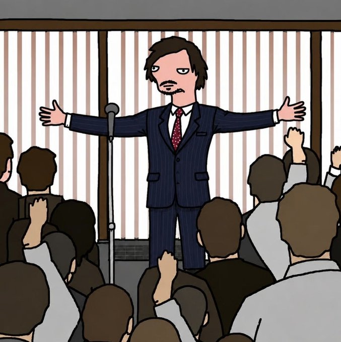 A cartoon-style illustration of a man in a navy pinstripe suit and red tie standing with arms outstretched at a microphone, addressing a crowd with raised hands.