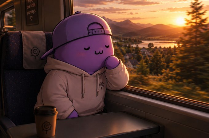 A cute purple character wearing a backwards cap and beige hoodie dozes on a train while watching a sunset over a lake and mountains pass by the window.