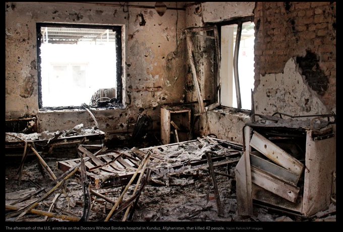 A photograph showing the devastated interior of the Doctors Without Borders hospital in Kunduz, Afghanistan, with caption text noting the aftermath of a U.S. airstrike that killed 42 people.