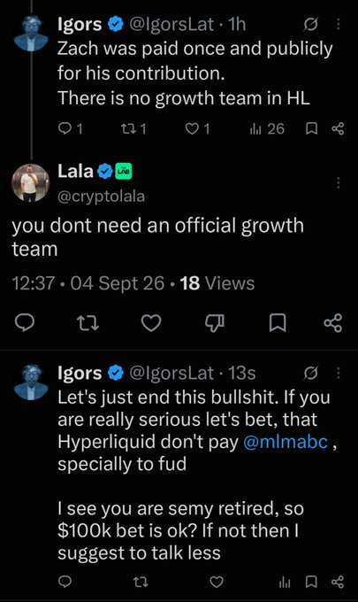 A Twitter conversation between Igors (@IgorsLat) and Lala (@cryptolala) discussing Hyperliquid and growth teams, with Igors proposing a $100k bet regarding payments to @mlmabc.