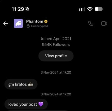 A screenshot of a dark-themed direct message interface showing a profile named 'Phantom' with '95.4K Followers', displaying received messages 'gm kratos ☕' and 'loved your post 💜' dated '3 Nov 2024 at 17:20'.