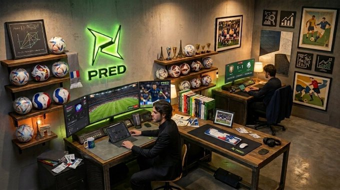 A person working at a multi-monitor gaming/sports analysis setup with a neon green 'PRED' logo on the wall, surrounded by shelves of soccer balls, trophies, and framed jerseys.