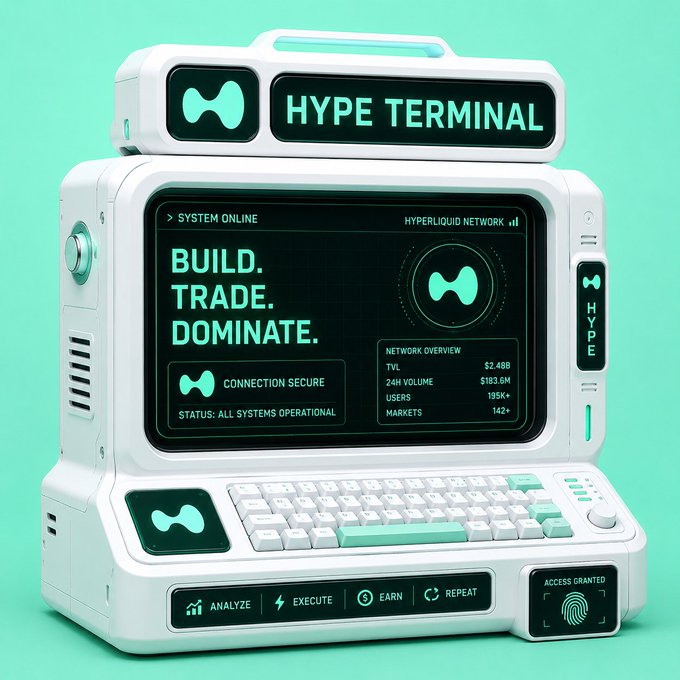 A retro-futuristic mint-green and white "HYPE TERMINAL" device displays the Hyperliquid Network with the slogans "BUILD. TRADE. DOMINATE." alongside network stats including $2.48B TVL, $193.6M 24H volume, 195K+ users, and 142+ markets. The image promotes a giveaway of 100 GTD spots for "TheHypeTerminal" NFT collection (2,000 supply, $0.24 mint, September 3 at 1:30pm UTC on Hyperliquid), with the terminal serving as the branded artwork for the mint.