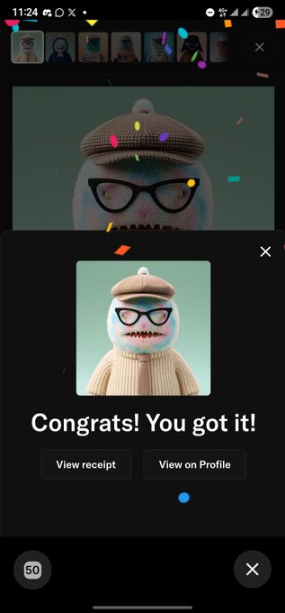 A mobile app screen celebrates an NFT acquisition with the message 'Congrats! You got it!' featuring a cute character with glasses, a beanie, and jagged teeth.