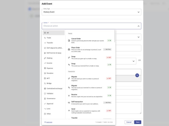 Screenshot of an 'Add Event' dialog box from a crypto tracking app showing entry type 'History Event' and action dropdown with categories including Trade, Transfer, Migrate, Receive, Self transaction, and Send.
