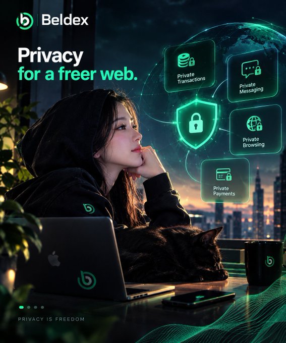 An advertisement for "Beldex" features a woman in a hoodie working on a laptop with a black cat, promoting "Privacy for a freer web" with icons for Private Transactions, Messaging, Browsing, and Payments.