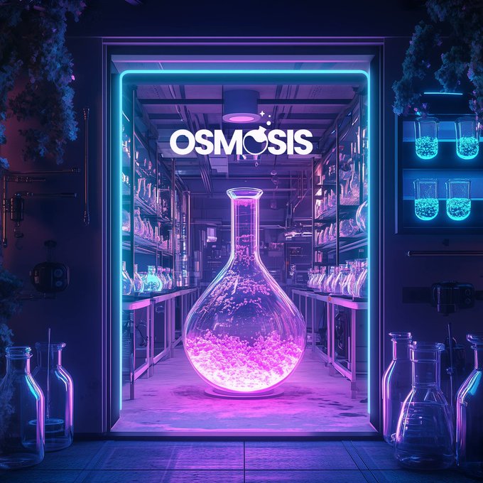 The "Osmosis" logo is displayed in a neon-lit laboratory setting filled with flasks and scientific equipment, showcasing a vibrant experiment in progress. This image visually represents the post's statement, "We don't just trade here. We run experiments," by depicting a scene of scientific exploration and innovation.