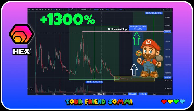 The image shows a HEX cryptocurrency price chart with a bold "+1300%" callout, illustrating the potential upside to reach the December 2024 high of $0.02884, with a "Bull Market Top" marker and a price of $0.00856 (+30.78% on 10 Sept 25). The cartoon of Mario holding gold coins and the text "YOUR FRIEND SOMM!" reinforce the post's message that patient buying of HEX during the dip could yield 14x returns.