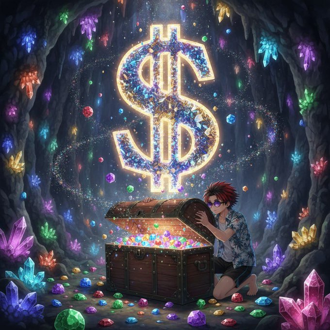 An anime-style digital illustration of a young person with red hair and sunglasses kneeling beside an open treasure chest filled with colorful gems in a glowing crystal cave, with a large glittering dollar sign above.