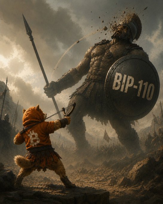 A dramatic battle scene depicting a small orange dog-like warrior wearing a Bitcoin logo cape facing a massive giant warrior with a shield labeled 'BIP-110' in an epic fantasy setting.