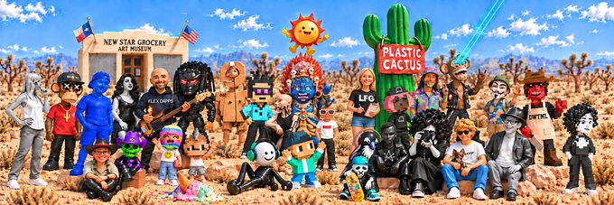 A wide promotional image featuring many cartoon and toy characters including Roblox figures, Minecraft characters, and action figures gathered in a desert setting with signs reading 'NEW STAR GROCERY ART MUSEUM' and 'PLASTIC CACTUS'.