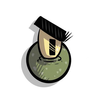 A simple digital drawing of a top-down view of a person with black hair sitting at a round green table.