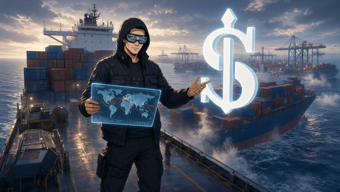 An AI-generated image depicts a figure in tactical gear holding a glowing world map tablet, with a large dollar sign, container ships, and a port in the background.
