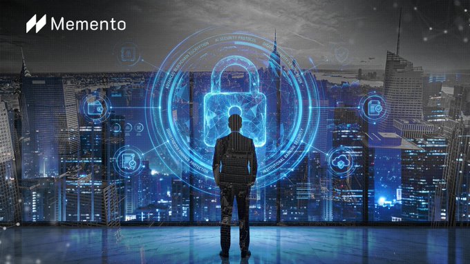 A digital art promotional image for 'Memento' showing a silhouetted figure standing before a glowing blue security padlock hologram against a cityscape.