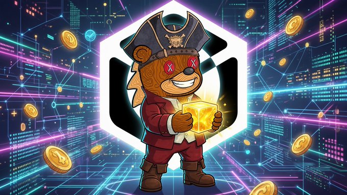 Digital NFT-style artwork of a pirate-themed teddy bear with X's for eyes wearing a captain's hat and red coat, holding a glowing yellow cube in a cyberpunk neon environment.