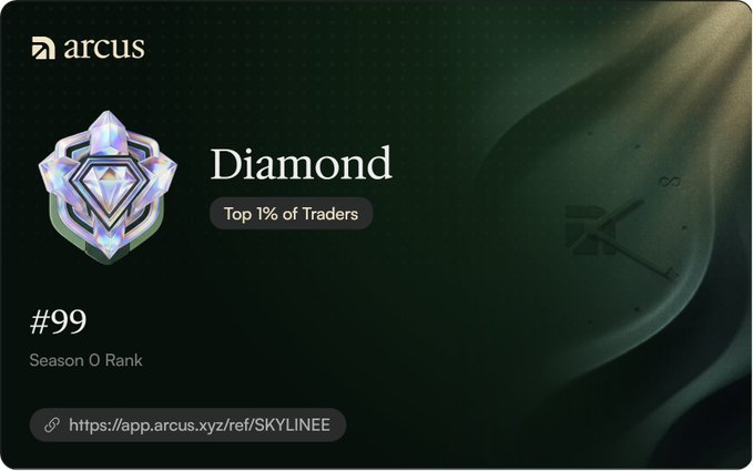 A digital 'Diamond' tier badge from the Arcus trading platform indicating 'Top 1% of Traders' with a Season 0 Rank of #99 and a referral link 'https://app.arcus.xyz/ref/SKYLINEE'.