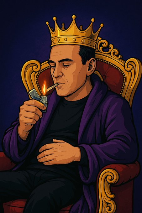A man wearing a golden crown and purple robe sits on an ornate throne while lighting a cigarette from a match. The image evokes a sense of casual regality or "king-like" demeanor, fitting the post's GM (Good Morning) greeting and giveaway contest directed at the crypto community, where users are encouraged to tag friends and join the channel to win Solana (SOL) prizes.