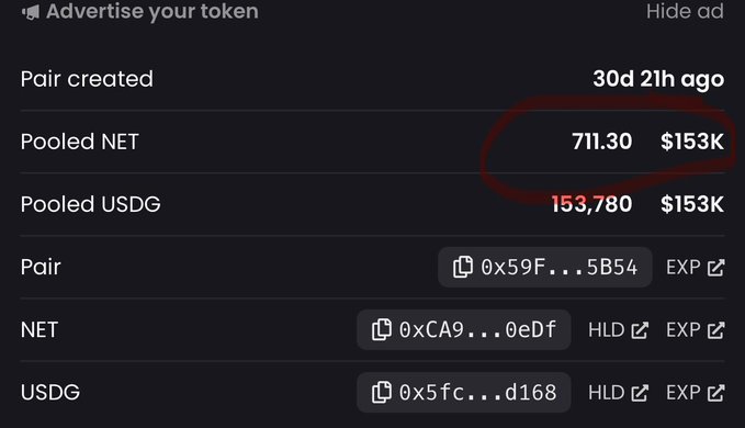 A screenshot showing cryptocurrency pool details: Pair created 30d 21h ago, Pooled NET 711.30 ($153K), Pooled USDG 153,780 ($153K), with token contract addresses 0x59F...5B54, 0xCA9...0eDf, and 0x5fc...d168.