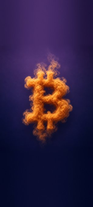A Bitcoin (₿) symbol made of swirling orange fire burns against a dark purple background, perfectly matching the theme of a fiery Bitcoin wallpaper. The image visually brings the "Bitcoin in motion" concept to life with its dynamic, flame-like rendering of the iconic cryptocurrency logo.
