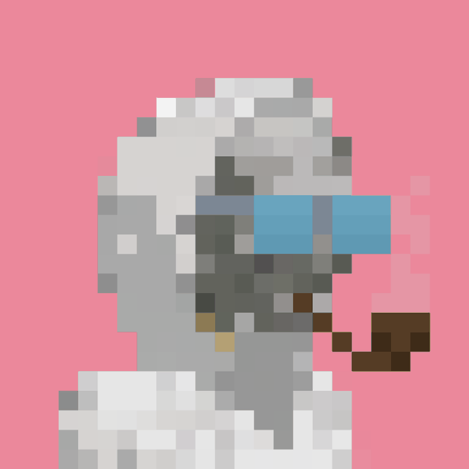 A pixel art rendering of a knight wearing a grey helmet with a blue and grey visor and a brown beard, set against a pink background.