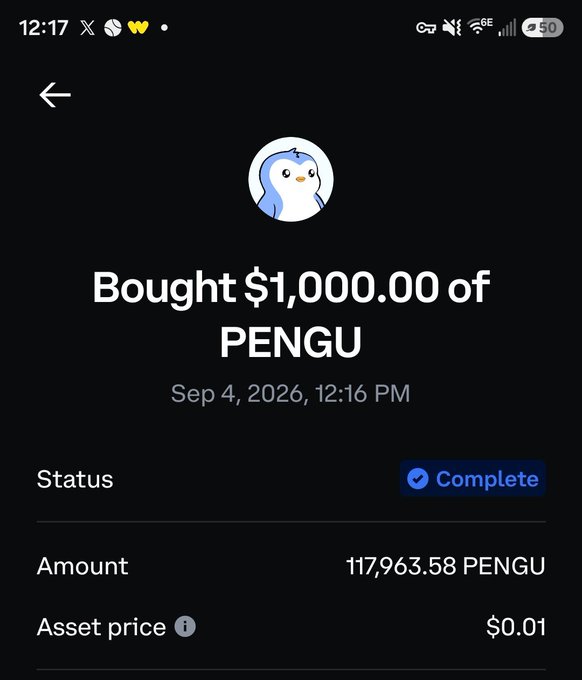A mobile transaction screen confirming 'Bought $1,000.00 of PENGU' with a status of 'Complete' and an asset price of $0.01.