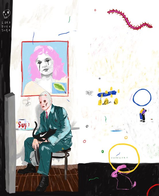 An artistic illustration featuring a seated figure in a green suit with a pink-haired portrait above, decorated with abstract colorful elements and text reading 'LUKA DUKA SUKA' and 'SUR'.