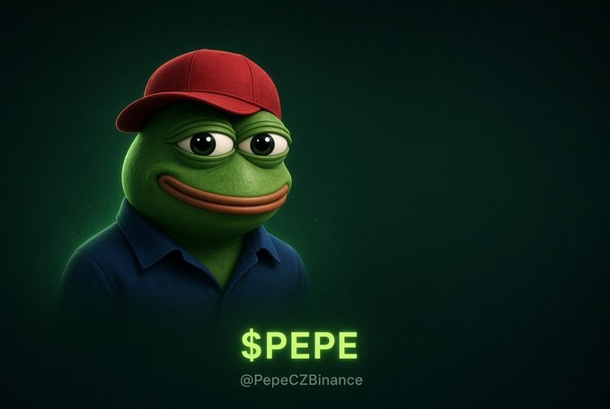 A 3D rendering of a green Pepe the Frog character wearing a red cap and blue shirt, with the text '$PEPE' and '@PepeCZBinance' displayed below.