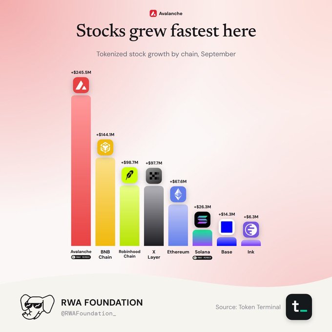 An Avalanche-branded infographic bar chart titled "Stocks grew fastest here" showing tokenized stock growth by chain in September, led by Avalanche at +$245.5M, BNB Chain at +$144.1M, Robinhood Chain at +$98.7M, and X Layer at +$97.7M, sourced from Token Terminal.