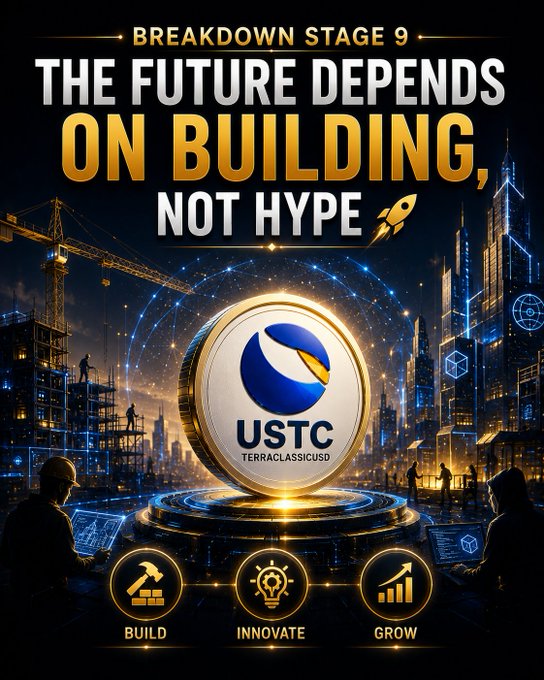 A promotional graphic titled "BREAKDOWN STAGE 9: THE FUTURE DEPENDS ON BUILDING, NOT HYPE" features the USTC (TerraclassicUSD) token logo centered against a futuristic cityscape backdrop with construction cranes and glowing networks, complemented by icons for "Build," "Innovate," and "Grow." The image visually reinforces the post's message about USTC's developmental roadmap, emphasizing tangible progress and infrastructure over speculation during this latest stage of the project's breakdown.