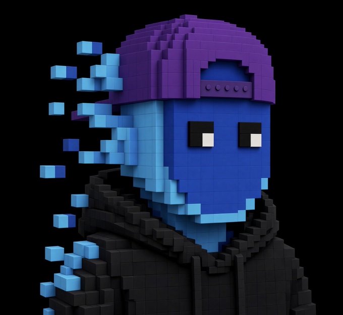 A 3D voxel-style artwork depicts a blue, hooded character with pixelated dissolving cubes on its left side, set against a black background.