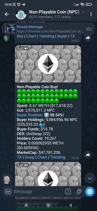 In the image, there are two posts related to non-playable coins (NPCs). One of them displays a screenshot showing the current state of an NPC that has been bought for 8,97M/3.01M Ether. This means that the buyer has purchased 2.97M worth of ether from this NPC account. The other post appears to be a message or conversation between someone who is asking questions about a particular non-playable coin, but it's not clear whether they are asking about a specific transaction or just seeking more information about the coin.