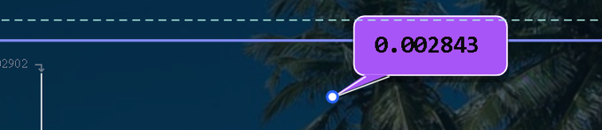 A video game interface screenshot showing a purple speech bubble displaying '0.002843' pointing to a circular marker on a dark background with palm tree silhouettes.