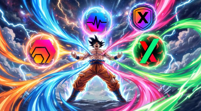 An AI-generated image depicts the anime character Goku in an orange martial arts uniform, standing with glowing energy streams radiating around him alongside various colorful shield and waveform icons.