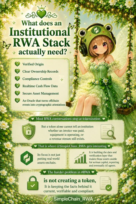 An infographic titled "What does an Institutional RWA Stack actually need?" features an anime-style frog girl in a green dress and lists six requirements including Verified Origin, Clear Ownership Records, Compliance Controls, Realtime Cash Flow Data, Secure Asset Management, and an Oracle for cryptographic attestations, branded with @SimpleChain_RWA.