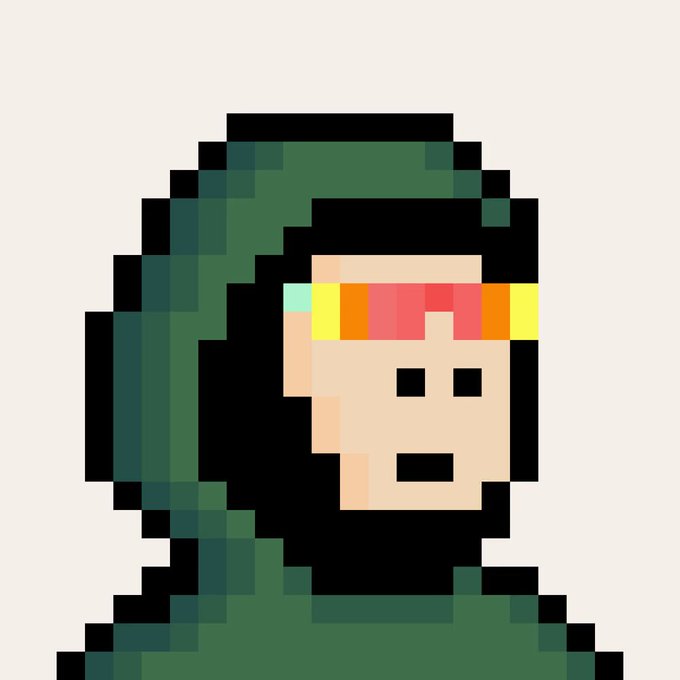 A pixel art illustration of a character wearing a green hood and a rainbow-colored headband or visor, featuring a simple smiling face.