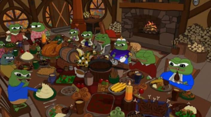 A cartoon scene of green frog characters gathered around a large banquet table filled with various foods like turkey, bread, and pies, set in a cozy room with a stone fireplace.