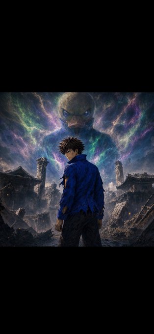 An anime-style illustration of a young man in a blue jacket standing amid rubble with a large ghostly masked figure looming behind him against a vibrant cosmic sky.