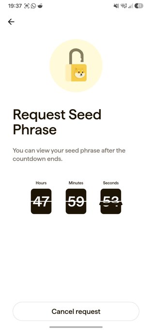 A mobile screenshot of a crypto wallet interface displaying "Request Seed Phrase" with a countdown timer at 47 hours, 59 minutes, and 52 seconds, and a "Cancel request" button.