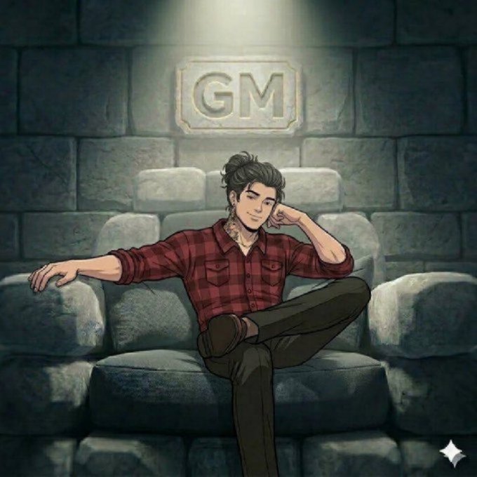 A digital illustration of a man in a red plaid shirt and tattoos sitting casually on a stone chair beneath a glowing 'GM' plaque.