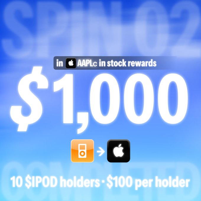 The image is a promotional graphic announcing "$1,000 in AAPLc in stock rewards," featuring a sky-blue background with the text "SPIN 02" and "10 $IPOD holders • $100 per holder" alongside iPod and Apple logos, visually supporting the post about a stock rewards spin where 10 $IPOD holders are being selected to receive $100 in AAPLc each.