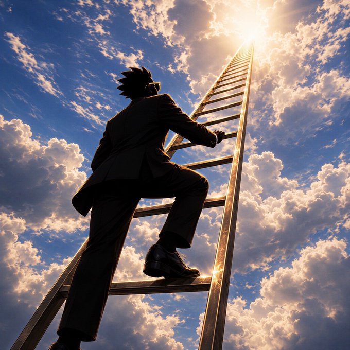 A man in a suit climbs a towering ladder reaching into the sunlit clouds, embodying the post's "Shoot for the stars $MANIFEST" message of ambitious pursuit toward lofty goals.