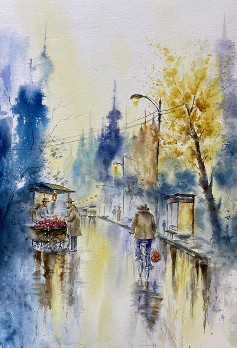 A watercolor painting depicting a rainy city street scene with a person cycling and a flower vendor at a cart, set against a backdrop of glowing streetlights and a misty skyline.