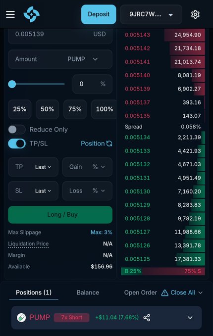 A cryptocurrency trading interface showing a deposit screen for the PUMP token with TP/SL settings and order book data.