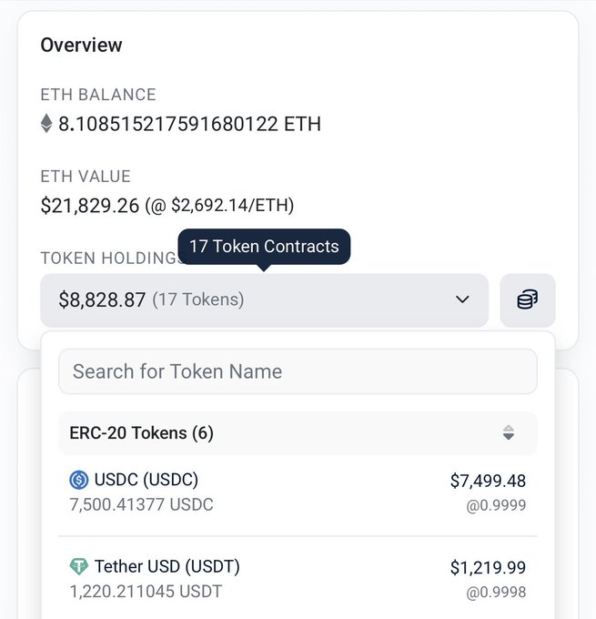 An Ethereum wallet overview screen showing an ETH balance of 8.1085 ETH valued at $21,829.26, with 17 token contracts including USDC ($7,499.48) and Tether USD ($1,219.99).