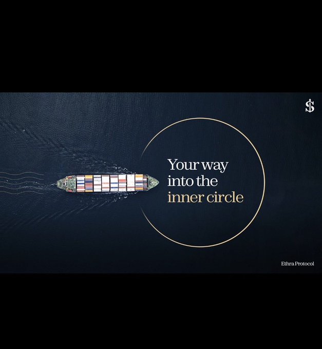 A minimalist dark blue advertisement showing an aerial view of a cargo ship, with the text 'Your way into the inner circle' and 'Ethura Protocol' branding in the corner along with a dollar sign logo.