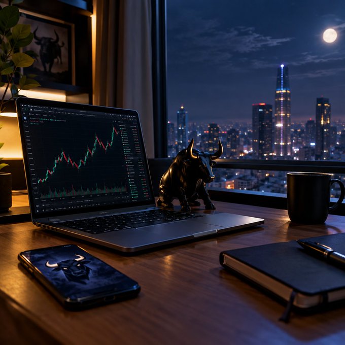 A nighttime desk setup with a laptop displaying a stock chart, a bull figurine, a notebook, and a coffee mug overlooking a city skyline.