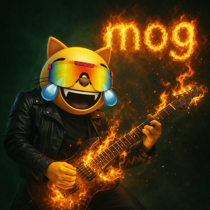 A stylized emoji character wearing rainbow sunglasses and a leather jacket plays a flaming electric guitar with '1009' displayed in fire above.
