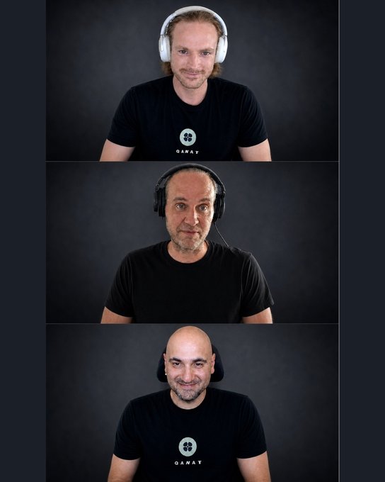 Three men wearing black shirts and headphones are stacked vertically against dark backgrounds, with the top and bottom men wearing shirts featuring the 'QANAX' logo.