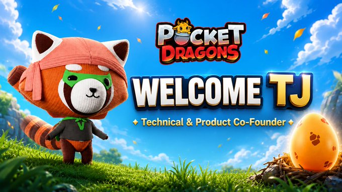 A promotional banner for 'Pocket Dragons' welcoming 'TJ' as 'Technical & Product Co-Founder,' featuring a red panda mascot and a spotted egg in a grassy field.