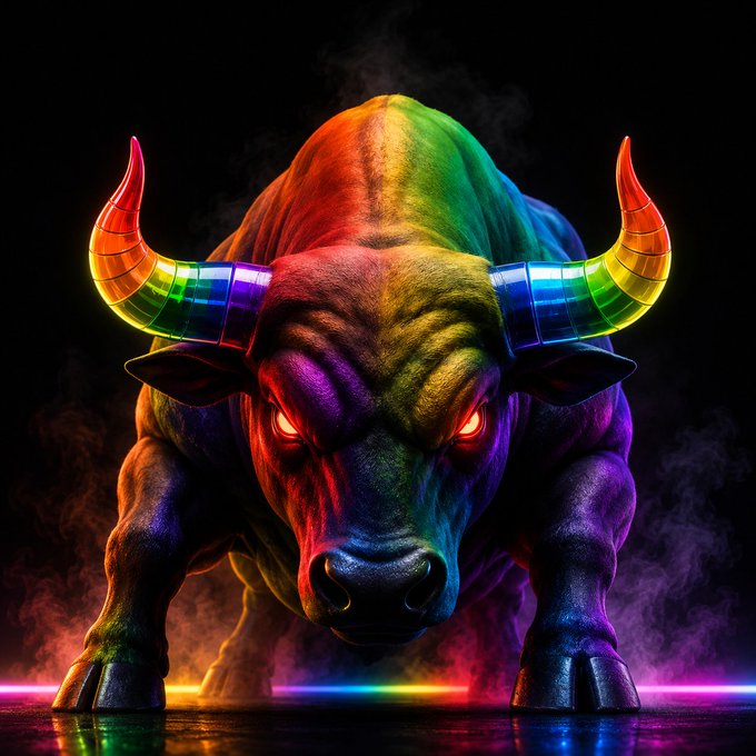 A muscular bull stands ready to charge, its body glowing with a full spectrum of rainbow colors—from fiery reds and oranges to vibrant greens, blues, and purples. Its neon-lit horns and glowing red eyes cut through the dark, smoky background, perfectly embodying the "Rainbow Bull" symbol of the $MURAD meme contest.

No text, numbers, tickers, or names appear in the image itself.